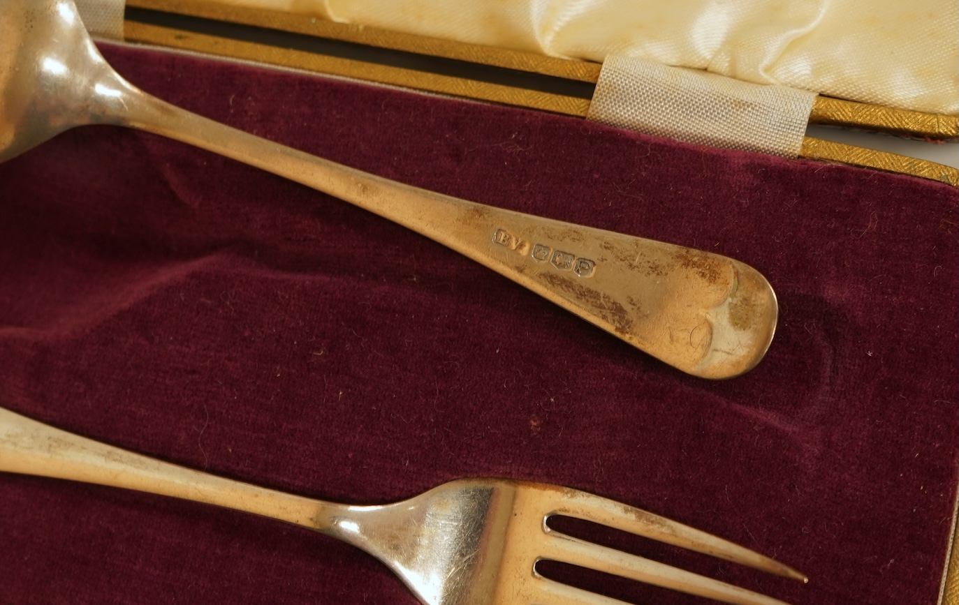 A cased set of six late Victorian silver teaspoons and matching sugar tongs, Miller Bros. Birmingham, 1900, together with three cased silver christening pairs.
